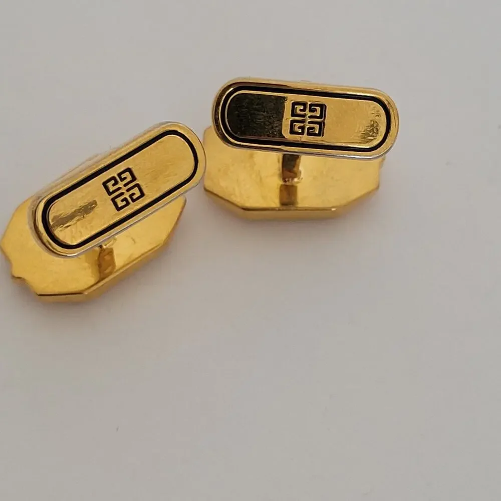 Givenchy Cufflinks Set Gold Silver Tone Logo Vintage Geometric Hexagon Retro
